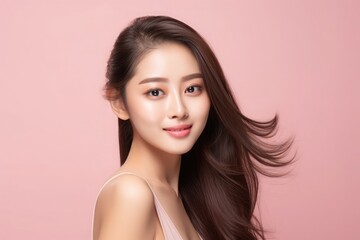 Fototapeta premium Young beautiful Asian woman looking at camera close up with natural Korean makeup, perfect clean skin, curly dark hair. with copy space. Beauty skin care