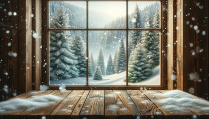 Empty wooden table with a snowy winter landscape visible through a large window, complete with falling snowflakes and evergreen trees laden