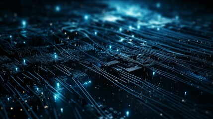 Dark cyber background showcasing a network of intricate fiber cables.