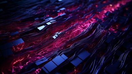 Dark cyber background showcasing a network of intricate fiber cables.