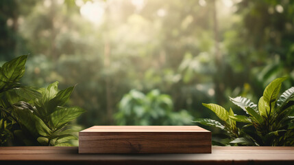 Wooden product display podium with blurred nature leaves background