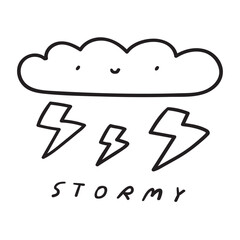 Stormy. Cloud with lightnings. Weather forecast. Kids education concept. Vector outline illustration