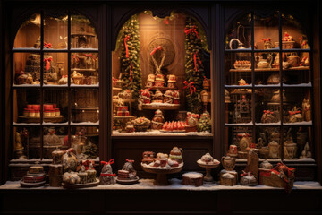 Obraz na płótnie Canvas Christmas window display of a coffee and chocolate store