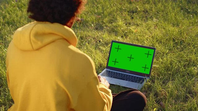 Young guy in the yellow hoodie sitting on the grass in a city park on a sunny day and talking on a video call on a laptop with a mockup green screen, view from the back