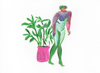 abstract woman with plants. watercolor painting. illustration - 686155308
