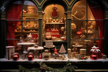 Fototapeta na wymiar Christmas window display of a coffee and chocolate store