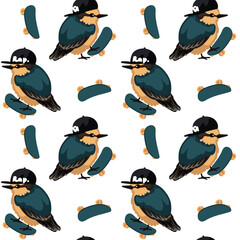 The pattern is sparrows or birds in caps. Fancy birds on a skateboard. Vector illustration of repeating birds with a cap and a skateboard, standing, riding on a white background. A sporting bird