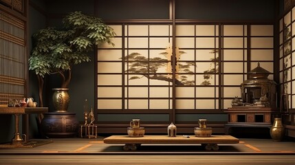A vintage Japanese room, background. Traditional upper class Japanese style room with gold byobu style decorated walls - obrazy, fototapety, plakaty