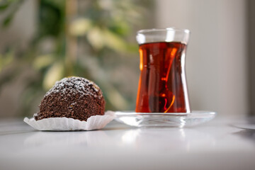 Delicious Turkish dishes; chocolate cake and traditional turkish tea