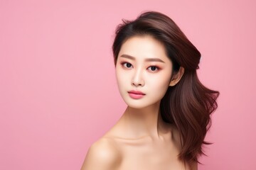 Fototapeta premium Photo young asian beauty woman curly long hair with korean makeup style on face and perfect skin on isolated beige background facial treatment cosmetology plastic surgery
