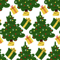 Seamless pattern with decorated Christmas trees and gifts. Various Christmas trees with garlands and decorations. Colorful New Year symbols. Minimalistic flat drawing by hand. Christmas texture