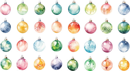 Watercolor multicolored Christmas tree balls, New Year, winter holidays, holiday design, print, vector - generative AI