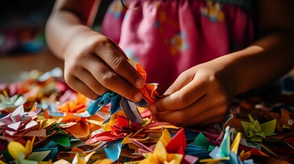 Close-up of children's hands passionately working on a DIY craft.