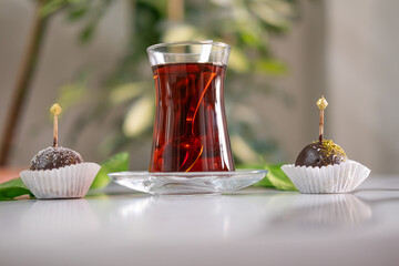 Delicious Turkish dishes; chocolate balls and traditional turkish tea