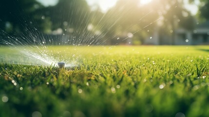 Close plan of the automatic sprinkler of the lawn in action. - obrazy, fototapety, plakaty