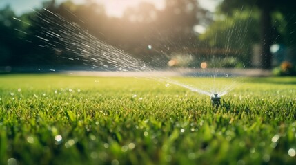 Close plan of the automatic sprinkler of the lawn in action. - obrazy, fototapety, plakaty