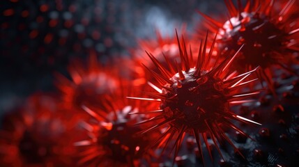 Multiplying viruses, Virus spikes detaching. Red virus