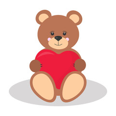Little bear with a red heart in his hands.Vector illustration.