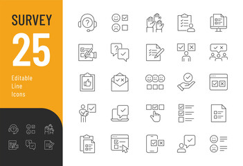 Survey Line Editable Icons set. Vector illustration in thin line modern style of confirmation mark related icons: documentation, selection, feedback, exam, and other. Isolated on white