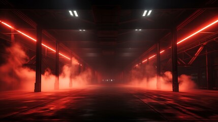 Sci Fi Futuristic Smoke Fog Neon Laser Garage Room,red neon abstract background,ultraviolet light,night club Cyber Undergound Warehouse Concrete Reflective Studio,3D Render illustration