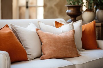 Close-up of a fabric sofa with white and terracotta pillows