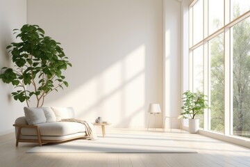 A simple, soothing interior space with white walls and large windows