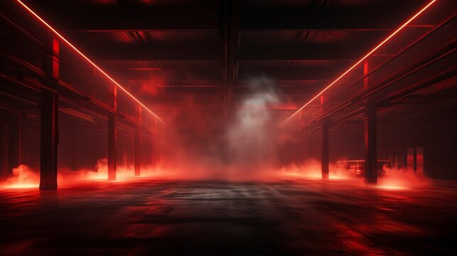 Sci Fi Futuristic Smoke Fog Neon Laser Garage Room,red neon abstract background,ultraviolet light,night club Cyber Undergound Warehouse Concrete Reflective Studio,3D Render illustration