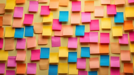 Many colorful, sticky notes, or adhesive notes on a wall or bulletin board - obrazy, fototapety, plakaty