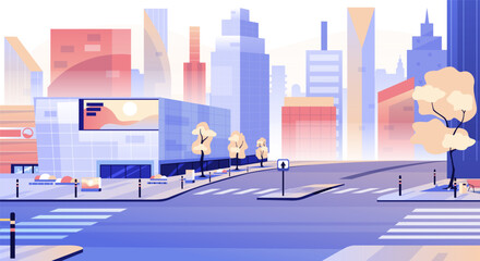 City street landscape. Downtown cityscape with houses, modern skyscrapers and crossroads. Building facade architecture. Urban life. Cartoon flat vector illustration © Rudzhan