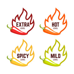 Hot spicy level labels of vector chili. Spicy food or sauce taste scale indicators, green, red, yellow and orange rating signs for hot, extra and mild taste