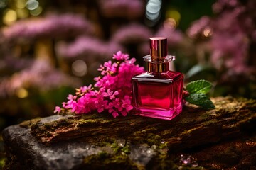 pink perfume container  on a stone step in the forest