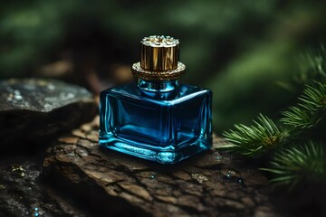 blue perfume container  on a stone step in the forest