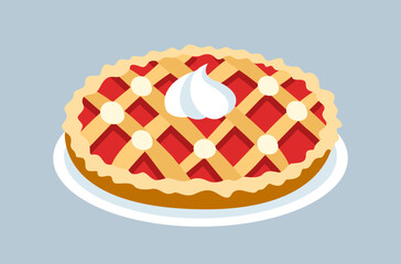Sweet dessert icon. Colorful sticker with delicious fruit or berry pie. Fresh pastries for breakfast or tea party. High calorie food. Cartoon flat vector illustration isolated on gray background