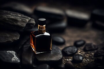 elegant  perfume container on black stone background