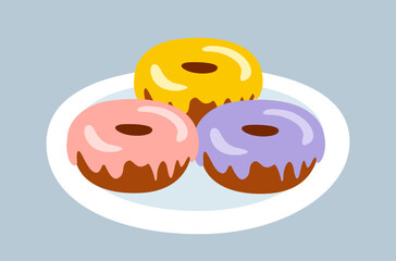 Sweet dessert icon. Colorful sticker with delicious glazed donuts on plate. Fresh high calorie pastry with sugar. Tea party or snack. Cartoon flat vector illustration isolated on gray background