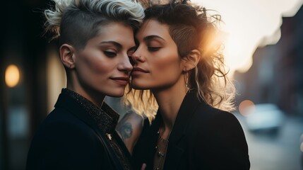 An image of two confident and strong LGBT lesbians hugging. - obrazy, fototapety, plakaty