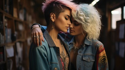 An image of two confident and strong LGBT lesbians hugging. - obrazy, fototapety, plakaty