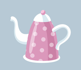 Tea party icon. Sticker with pink polka dot teapot. Kettle for making hot drinks. Ceramic utensils for boiling water for tea and coffee. Cartoon flat vector illustration isolated on gray background