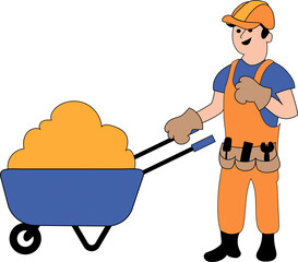 Construction. A builder in a hard hat is carrying a wheelbarrow with sand. Tools on the belt. Cartoon. 