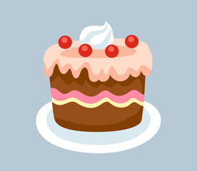 Sweet dessert icon. Delicious chocolate cake with cream and cherry. Sticker with confectionery on plate. Pie for snack or tea party. Cartoon flat vector illustration isolated on gray background