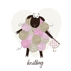 Funny sheep made of yarn balls. Vector cartoon love knitting illustration