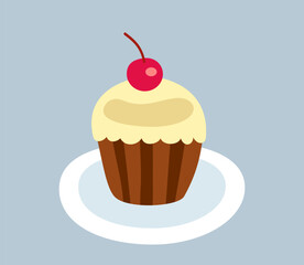 Sweet dessert icon. Sticker with small chocolate muffin in vanilla glaze. Delicious cupcake with cherries. Confectionery or pastry. Cartoon flat vector illustration isolated on gray background