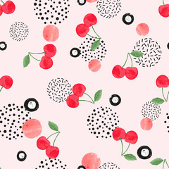 Seamless cherry pattern. Vector abstract background with watercolor berries