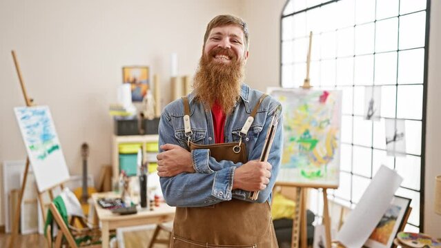 Confident, smiling young redhead man - a handsome artist in apron with arms crossed, holding paintbrush in quaint art studio