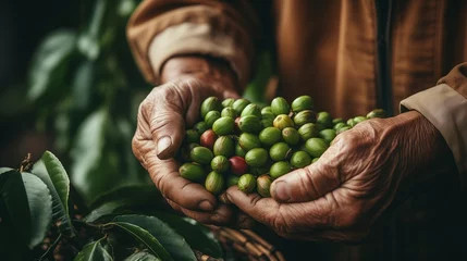 Fotobehang close up of agriculturist hand keeping arabica coffee berries,green tree © Amonthep