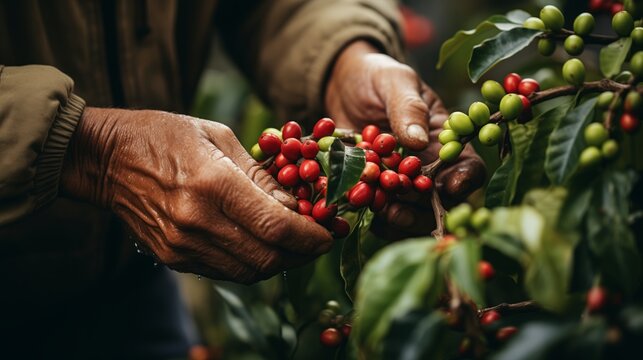 close up of agriculturist hand keeping arabica coffee berries,green tree