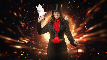 Smiling magician tipping hat with doves on wand, fiery backdrop