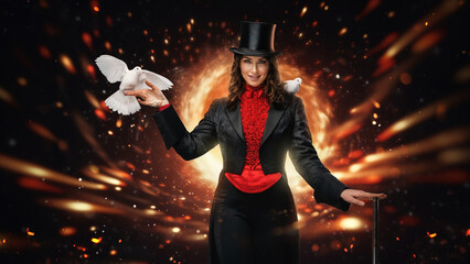 Captivating magician holding a wand with doves on a fiery background