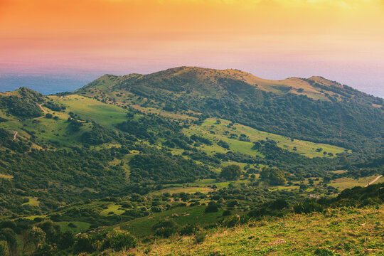 Mountain landscape Mountain ridge with orange sky