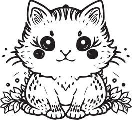 Whimsical black and white illustration of a cat, perfect for coloring, line drawing style